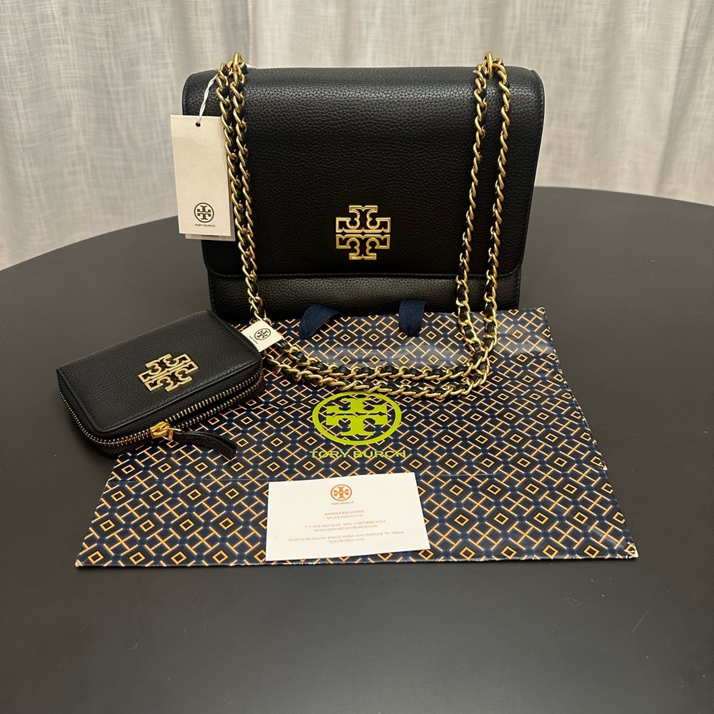 Tory Burch Black and Gold Crossbody Bag and wallet.